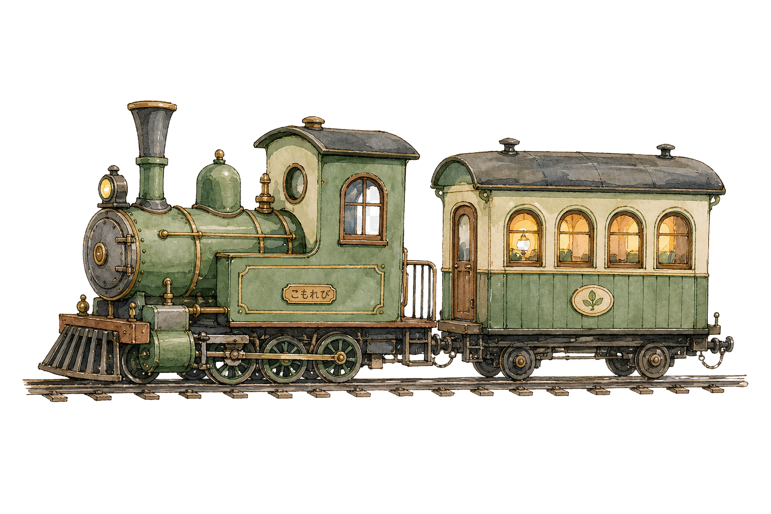 A small green steam train winding through a meadow